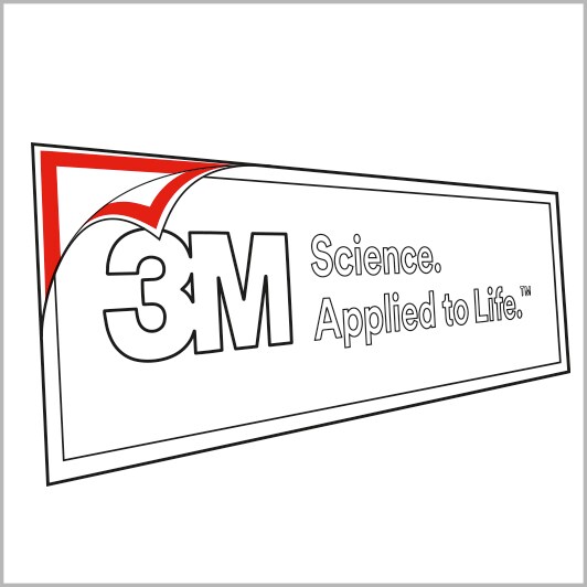 Line drawing of a flexible wall sign partly peeled back with red lines where 3M™ Hook and Loop can be used for attachment
