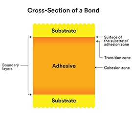 Learn about the distinctly different zones within an adhesive bond. Image of a cross section of a bond.