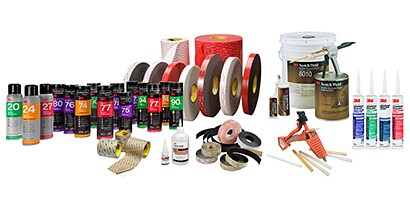 Learn about adhesive formats and bonding continuum. Image of various adhesive formats among liquid adhesives and tapes.
