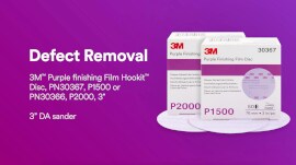 Remove defects with 3M™ Purple Finishing Film Hookit™ Disc PN 30367, P1500 or PN30366 P200 3