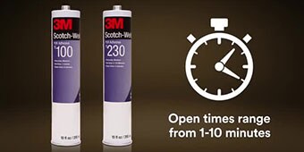 Video still of two different tubes of 3M™ Scotch-Weld™ PUR Adhesive with the caption “Open times range from 1-10 minutes”
